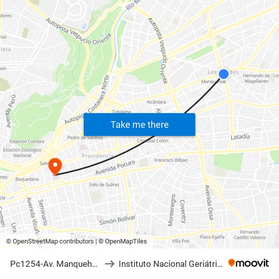 Pc1254-Av. Manquehue Sur / Esq. Avenida Apoquindo to Instituto Nacional Geriátrico Presidente Eduardo Frei Montalva map