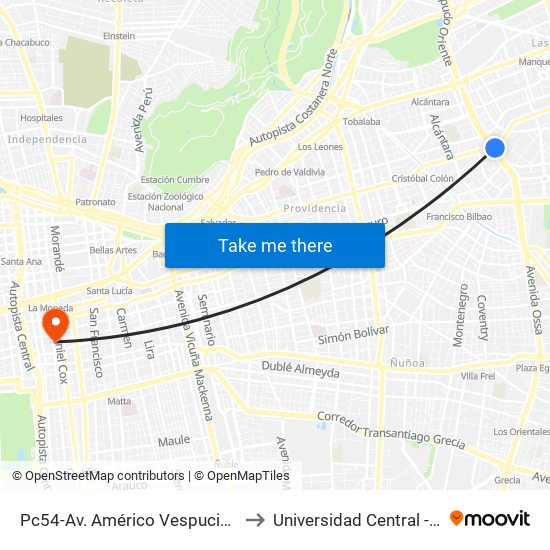 Pc54-Av. Américo Vespucio / Esq. Av. Cristóbal Colón to Universidad Central - Centro De Extensión map