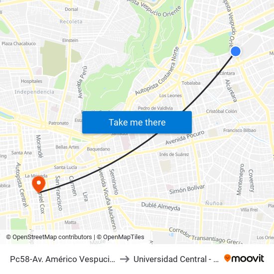 Pc58-Av. Américo Vespucio / Esq. Av. Pdte. Riesco to Universidad Central - Centro De Extensión map