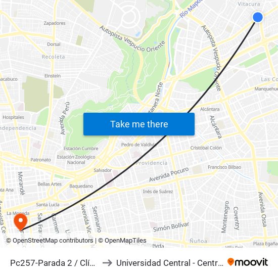 Pc257-Parada 2 / Clínica Alemana to Universidad Central - Centro De Extensión map