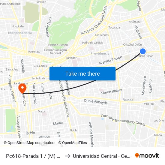 Pc618-Parada 1 / (M) Francisco Bilbao to Universidad Central - Centro De Extensión map