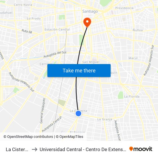 La Cisterna to Universidad Central - Centro De Extensión map