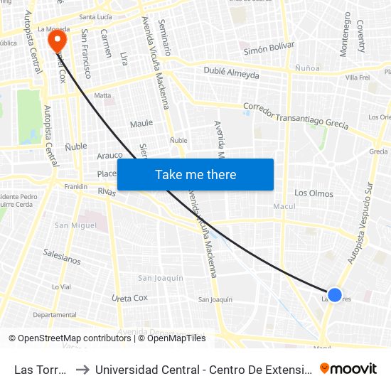 Las Torres to Universidad Central - Centro De Extensión map