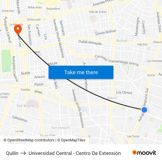 Quilín to Universidad Central - Centro De Extensión map