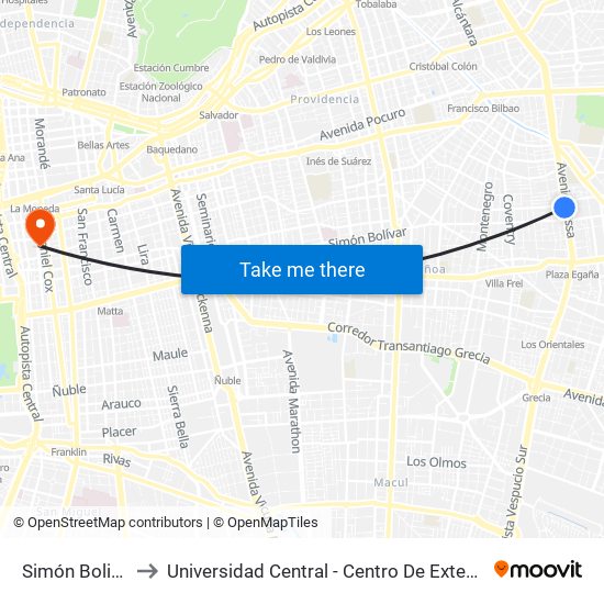 Simón Bolivar to Universidad Central - Centro De Extensión map