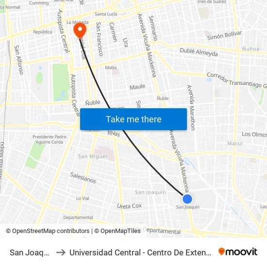 San Joaquín to Universidad Central - Centro De Extensión map