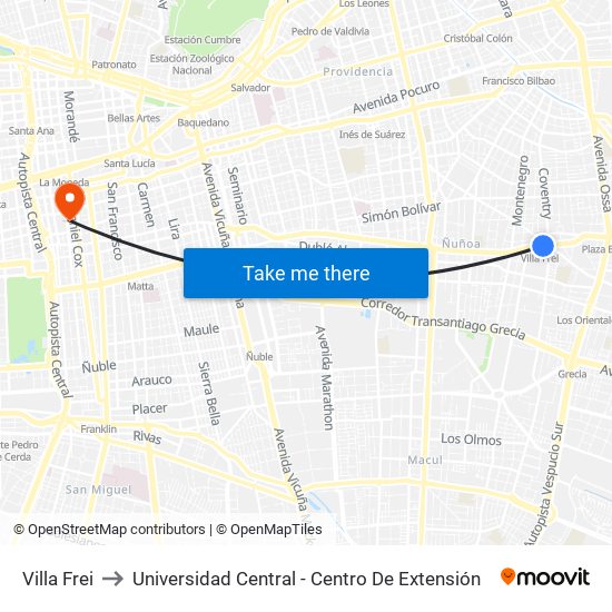 Villa Frei to Universidad Central - Centro De Extensión map