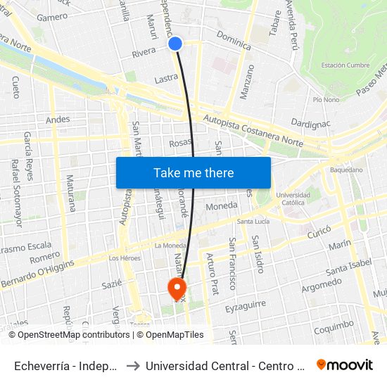 Echeverría - Independencia to Universidad Central - Centro De Extensión map