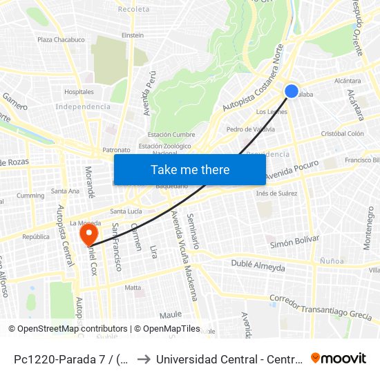 Pc1220-Parada 7 / (M) Tobalaba to Universidad Central - Centro De Extensión map