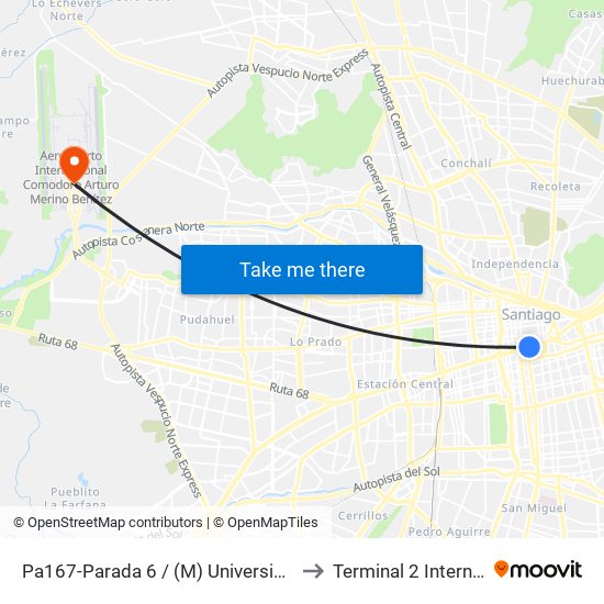 Pa167-Parada 6 / (M) Universidad De Chile to Terminal 2 Internacional map