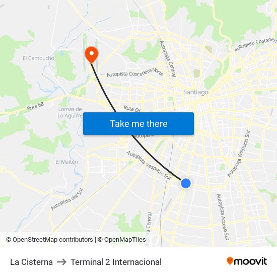 La Cisterna to Terminal 2 Internacional map