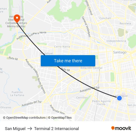 San Miguel to Terminal 2 Internacional map