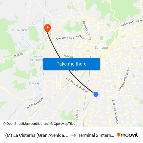 (M) La Cisterna (Gran Avenida, Parad. 25) to Terminal 2 Internacional map