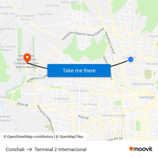 Conchalí to Terminal 2 Internacional map