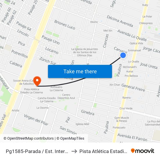 Pg1585-Parada / Est. Intermodal Lo Ovalle to Pista Atlética Estadio La Cisterna map