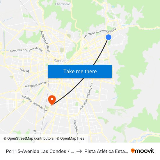 Pc115-Avenida Las Condes / Esq. Psje. Las Condes to Pista Atlética Estadio La Cisterna map