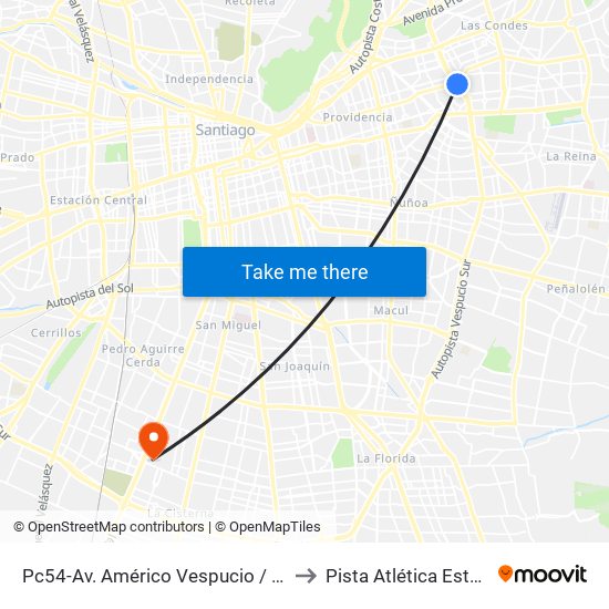 Pc54-Av. Américo Vespucio / Esq. Av. Cristóbal Colón to Pista Atlética Estadio La Cisterna map