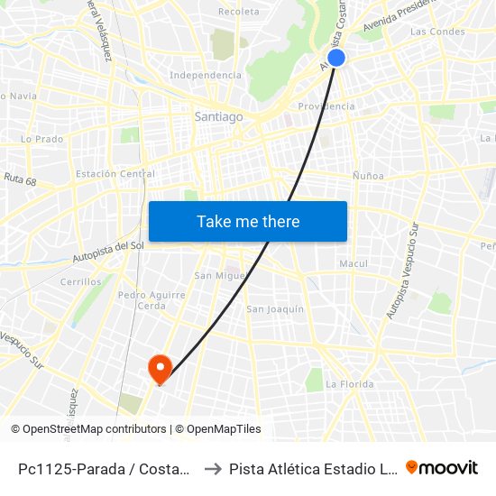 Pc1125-Parada / Costanera Center to Pista Atlética Estadio La Cisterna map