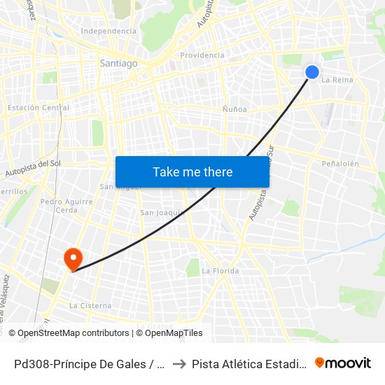 Pd308-Príncipe De Gales / Esq. S. Izquierdo to Pista Atlética Estadio La Cisterna map