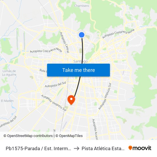 Pb1575-Parada / Est. Intermodal Vespucio Norte to Pista Atlética Estadio La Cisterna map