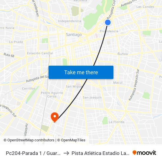 Pc204-Parada 1 / Guardia Vieja to Pista Atlética Estadio La Cisterna map
