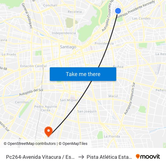 Pc264-Avenida Vitacura / Esq. Alonso De Córdova to Pista Atlética Estadio La Cisterna map