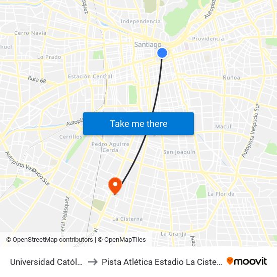 Universidad Católica to Pista Atlética Estadio La Cisterna map