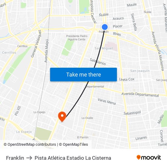 Franklin to Pista Atlética Estadio La Cisterna map