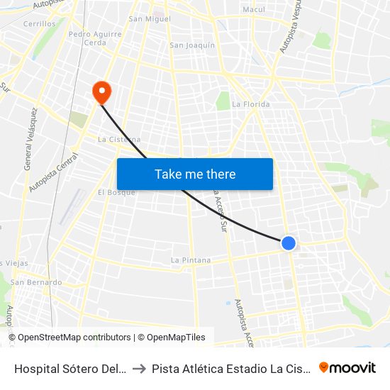 Hospital Sótero Del Río to Pista Atlética Estadio La Cisterna map