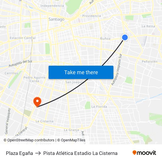 Plaza Egaña to Pista Atlética Estadio La Cisterna map