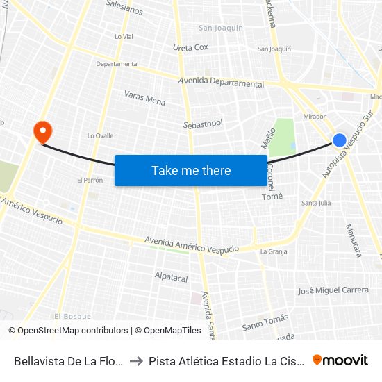 Bellavista De La Florida to Pista Atlética Estadio La Cisterna map