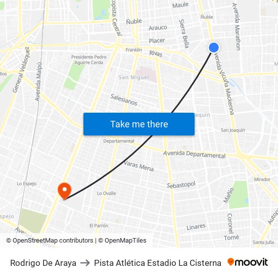 Rodrigo De Araya to Pista Atlética Estadio La Cisterna map