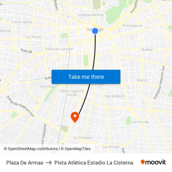 Plaza De Armas to Pista Atlética Estadio La Cisterna map