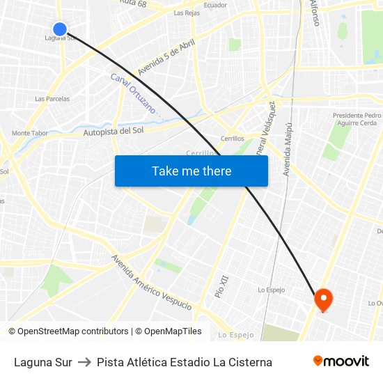 Laguna Sur to Pista Atlética Estadio La Cisterna map