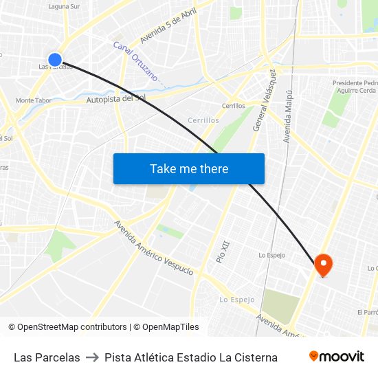 Las Parcelas to Pista Atlética Estadio La Cisterna map