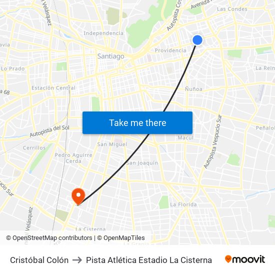Cristóbal Colón to Pista Atlética Estadio La Cisterna map