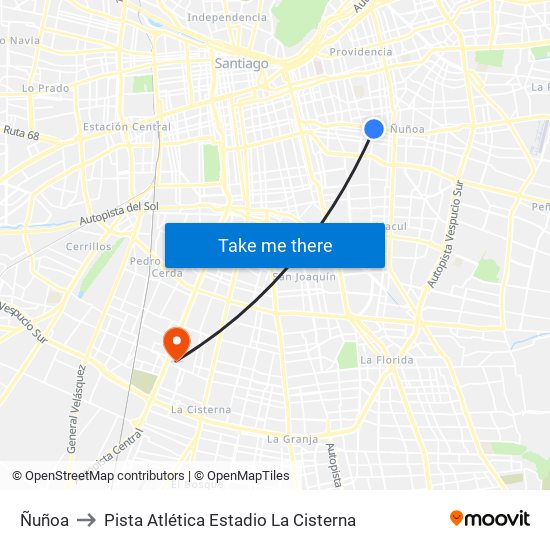 Ñuñoa to Pista Atlética Estadio La Cisterna map