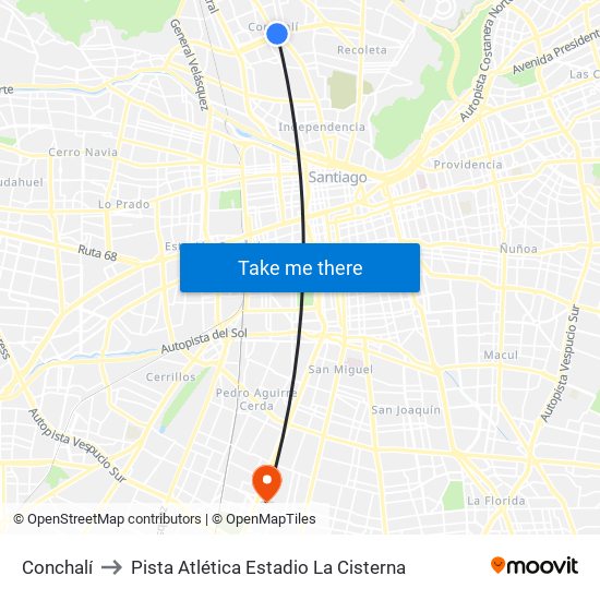 Conchalí to Pista Atlética Estadio La Cisterna map