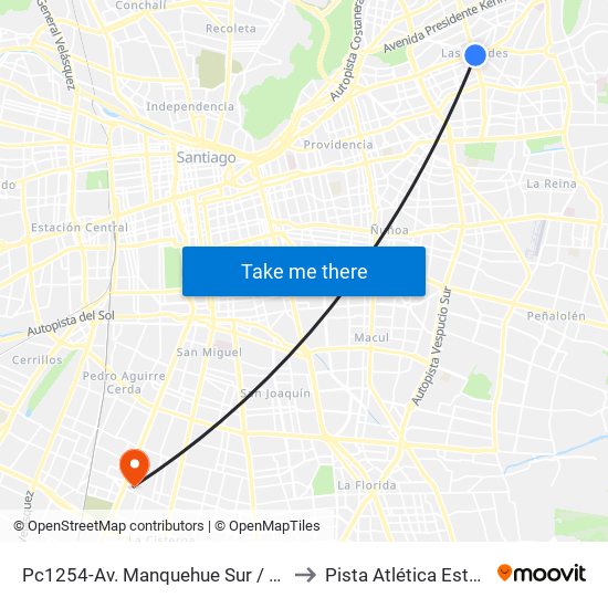 Pc1254-Av. Manquehue Sur / Esq. Avenida Apoquindo to Pista Atlética Estadio La Cisterna map