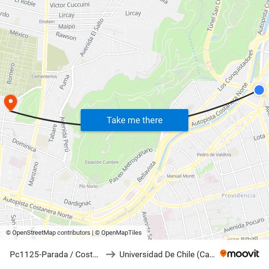 Pc1125-Parada / Costanera Center to Universidad De Chile (Campus Norte) map