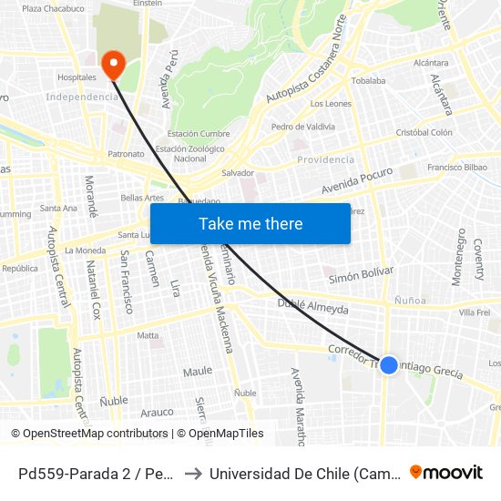 Pd559-Parada 2 / Pedagógico to Universidad De Chile (Campus Norte) map