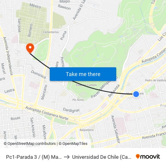 Pc1-Parada 3 / (M) Manuel Montt to Universidad De Chile (Campus Norte) map