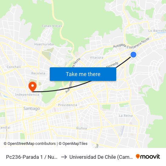Pc236-Parada 1 / Nudo Estoril to Universidad De Chile (Campus Norte) map