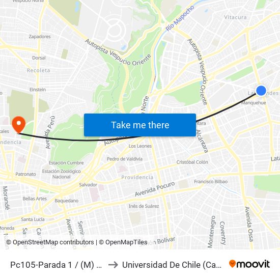 Pc105-Parada 1 / (M) Manquehue to Universidad De Chile (Campus Norte) map