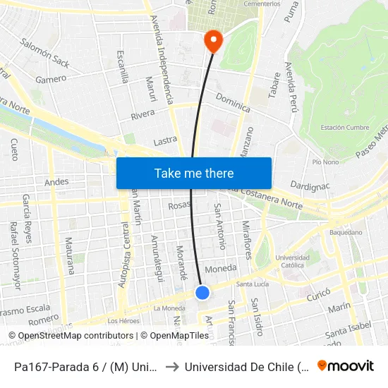 Pa167-Parada 6 / (M) Universidad De Chile to Universidad De Chile (Campus Norte) map