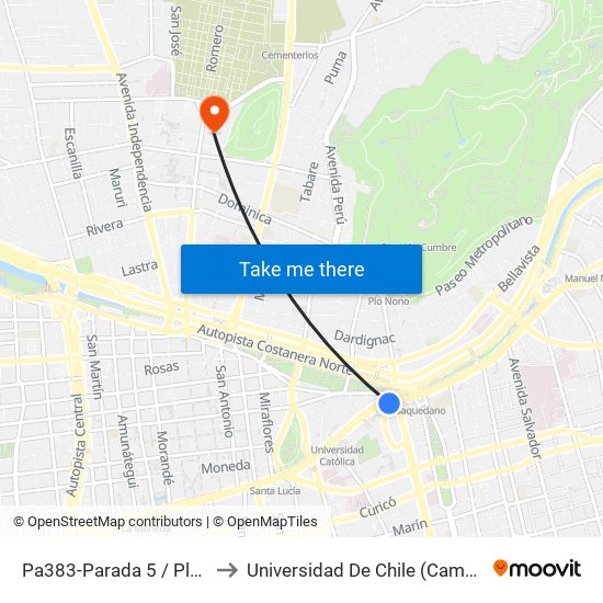 Pa383-Parada 5 / Plaza Italia to Universidad De Chile (Campus Norte) map