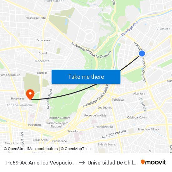 Pc69-Av. Américo Vespucio / Esq. Avenida Vitacura to Universidad De Chile (Campus Norte) map