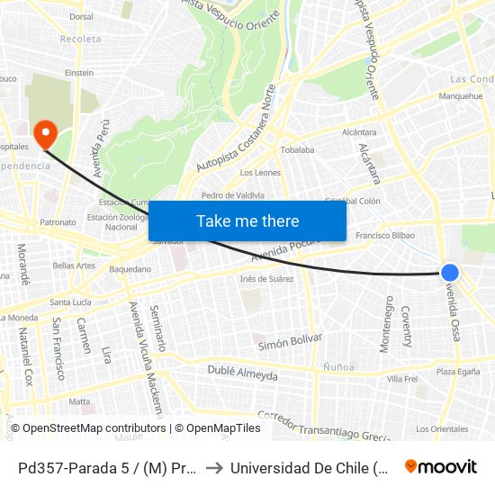 Pd357-Parada 5 / (M) Príncipe De Gales to Universidad De Chile (Campus Norte) map