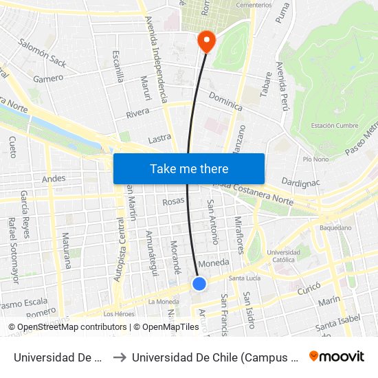 Universidad De Chile to Universidad De Chile (Campus Norte) map