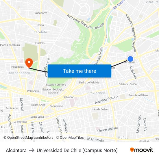 Alcántara to Universidad De Chile (Campus Norte) map